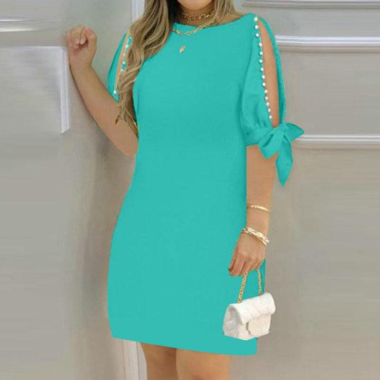 Women Dress Hollow Out Short Sleeves Round Neck Solid Color Soft Breathable Loose Knee Length Faux Pearl Decor Lady Commute Midi Dress