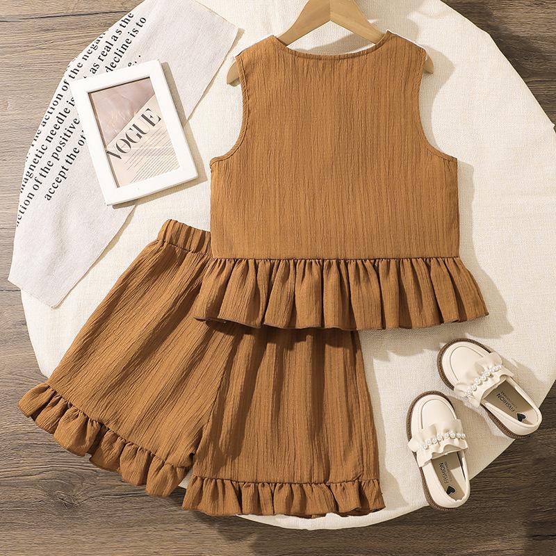 Girls' Fashion Set 2025 Spring/Summer Children's Cute Lace Lace Bow Top and Shorts Set