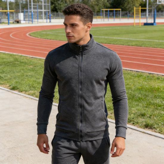 Men Zip-up Sweatshirt Mock Neck Long Sleeve Jacket Solid Color Full Zip Casual