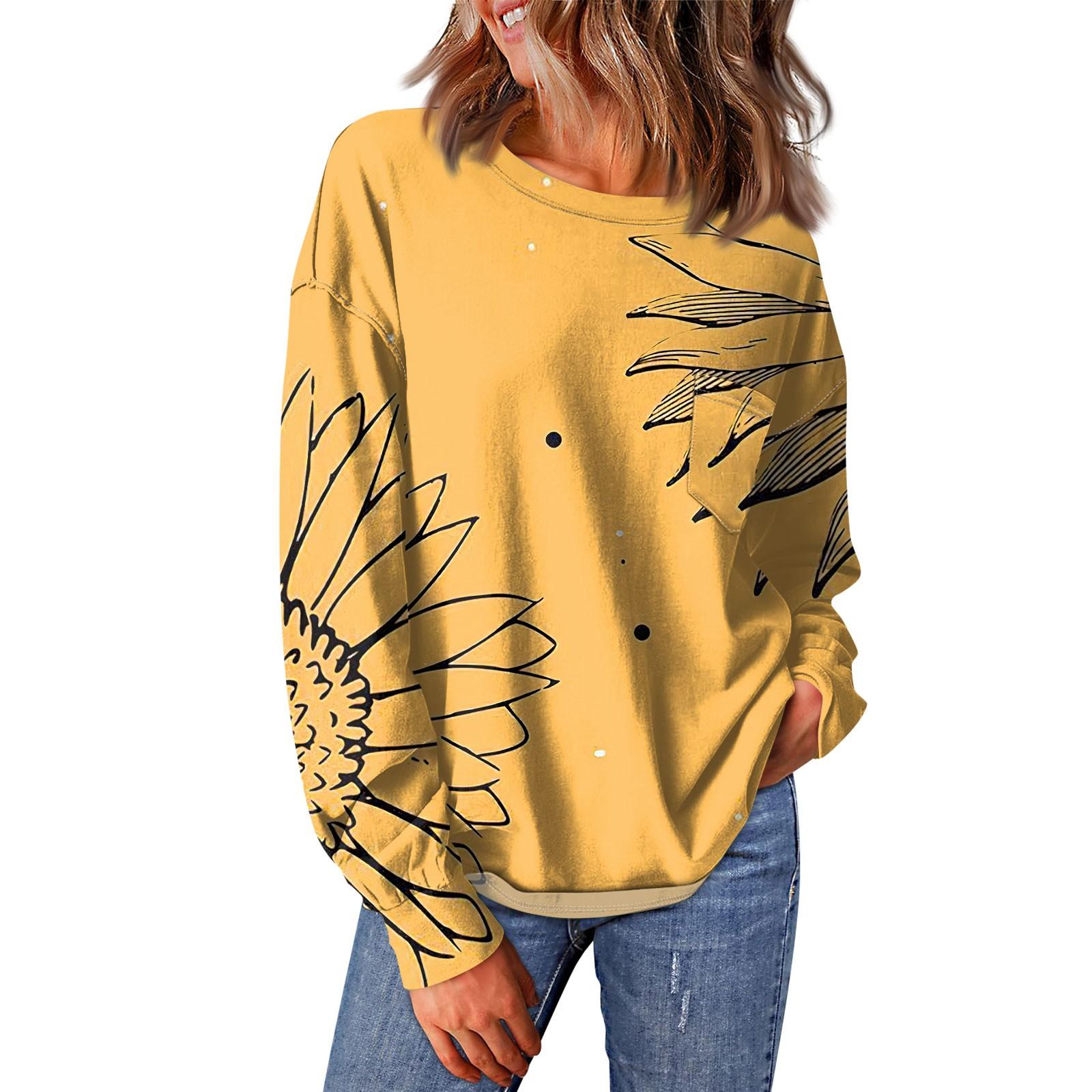 

Женский повседневный свободный топ с круглым вырезом и карманами с винтажным цветочным принтом и длинными рукавами XL жёлтый