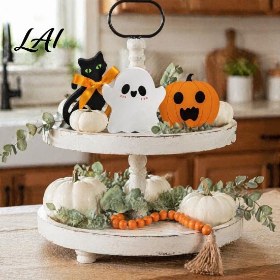 Decorative Wood Crafts for Shelves 3Pcs/Set Halloween Tiered Tray Decorations Cute Ghost Pumpkin Black Cat Wooden Ornaments Ornaments Block