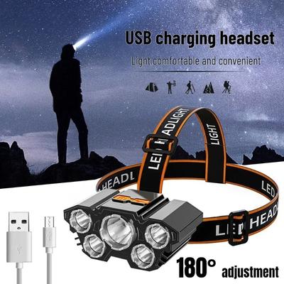 Lampe Frontale Puissante Rechargeable USB Lampe Torche Éclairage de Pêche de Nuit Extérieur 5 LED Batterie Intégrée Super Lumineuse 5W Montée sur la Tête