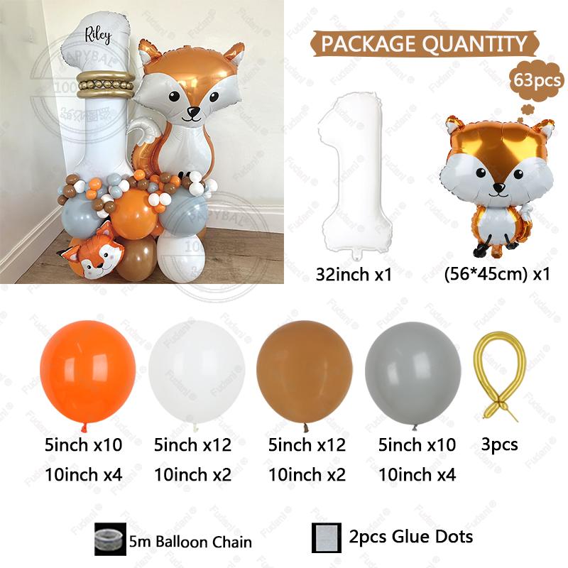 

63Pcs Jungle Zoo Smart Fox Aluminum Film Balloon 1-9 White Digital Balloon Set Birthday Party Decoration Baby Shower Globos Gift 32inch