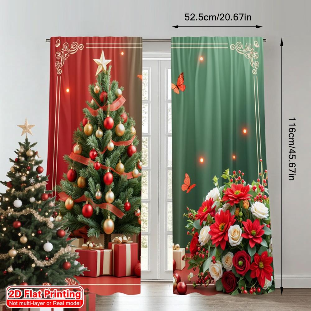 2pcs 2D Flat Printing Christmas Window Curtains Christmas Tree Poinsettias Butterflies 100% Polyester Fabric Without Electricity