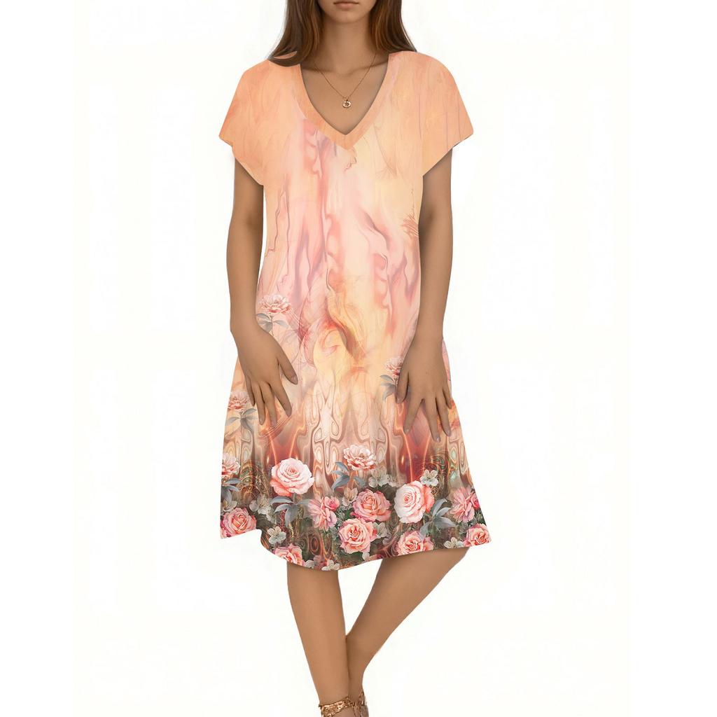 Women's Casual Fashion V-Neck Short Sleeve Floral Print Midi Flowing Dress