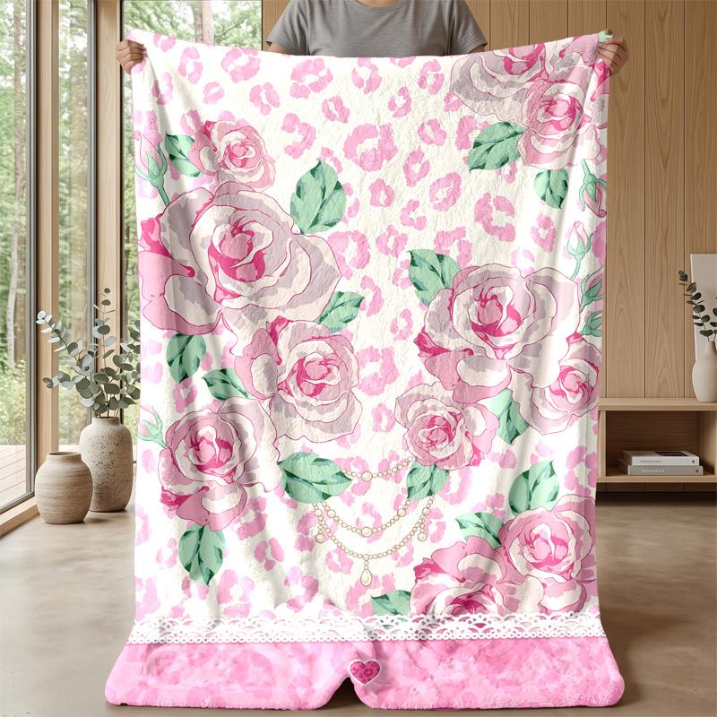 Pink Roses and Leopard Print 3 Theme blanket Lightweight Warm Flannel Blanket Decorative Throw Blanket for Home Decoration