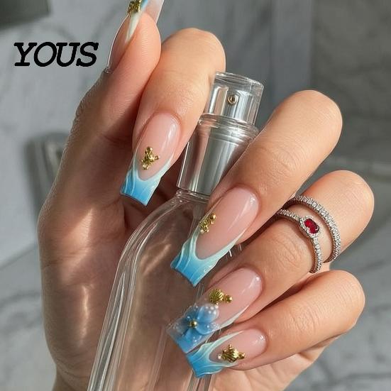 Travel Friendly Nails 24Pcs Summer Ocean Press on Nails, French Tip Flower Faux Pearl Stick-on Fake Blue Tips Salon Quality Long Glue False for Women
