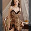 Lace Trim Leopard Nightdress V Neck Backless Side Split Slip Sleep Dress Women's Sleepwear  Dresses