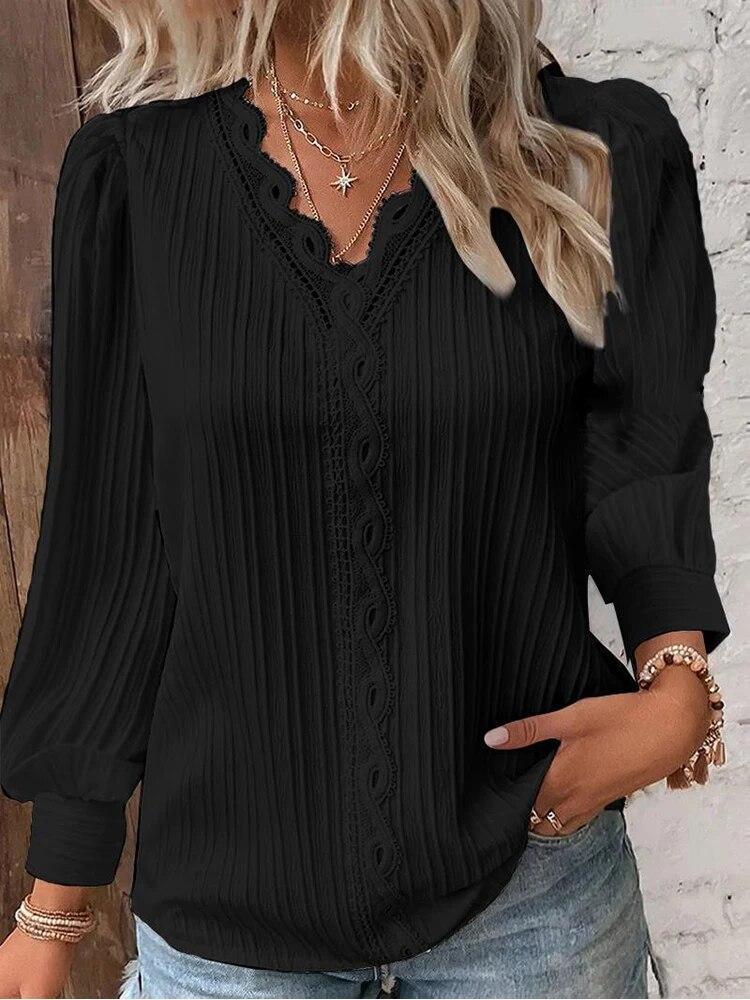 

Жіноча мереживна сорочка з однотонним V-подібним вирізом, проста шифонова прикраса, видалений дизайн, модна елегантна верхня офісна жіноча блузка XXXXL чорний