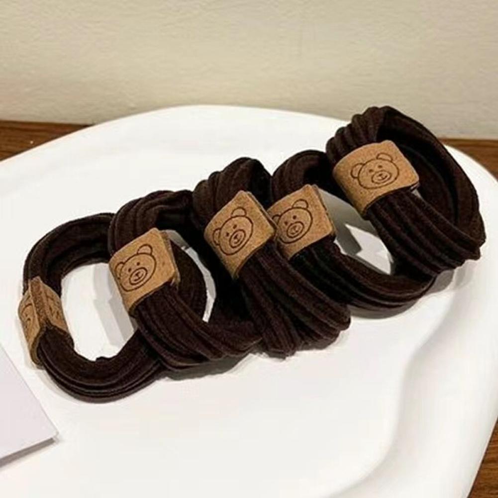 

5PCS Korean Fashion Cute Bear Hair Rope High Elastic Durable Rubber Band Simple Hair Ring Hair Accessories Dark brown-5pcs