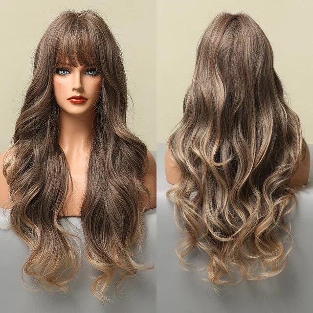 Long Wave Synthetic Wigs Ombre Black Blonde Wig with Side Bangs Heat Resistant Fiber Daily Party Hair Cosplay Wigs for Women