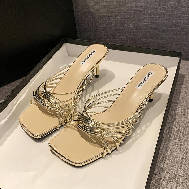 2025 New Summer Concise Narrow Band Women Slippers Fashion Thin Heels Party Pumps Mules Slide Shoes