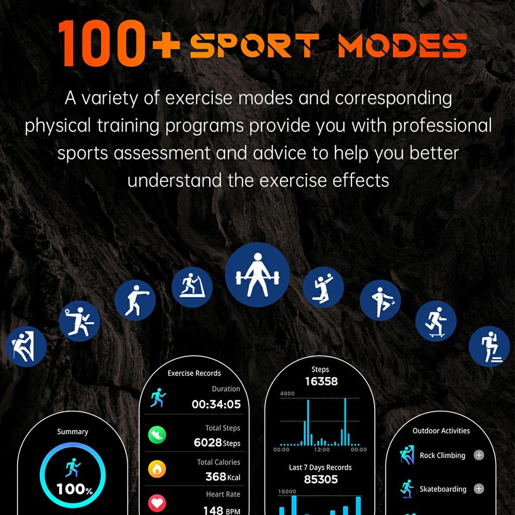 KT80 1,46 Zoll Outdoor Smartwatch mit Taschenlampe Gesundheitsmonitor Multi-Sport-Modi Armbanduhr