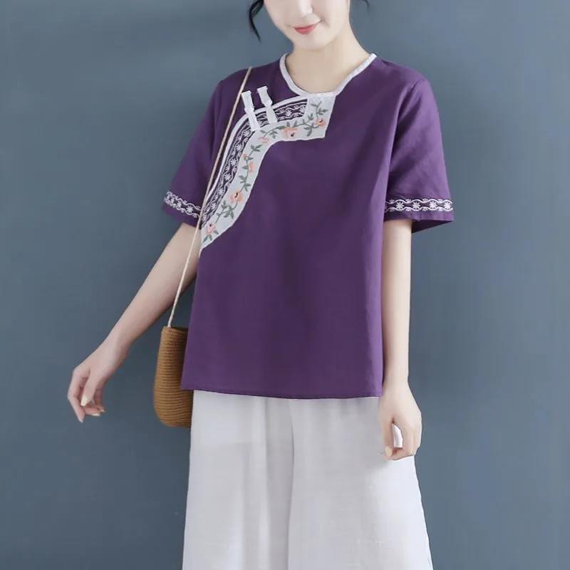 Summer Embroidered Cotton and Hemp Shirt for Women Loose Round Neck Cotton Short Sleeved T-shirt