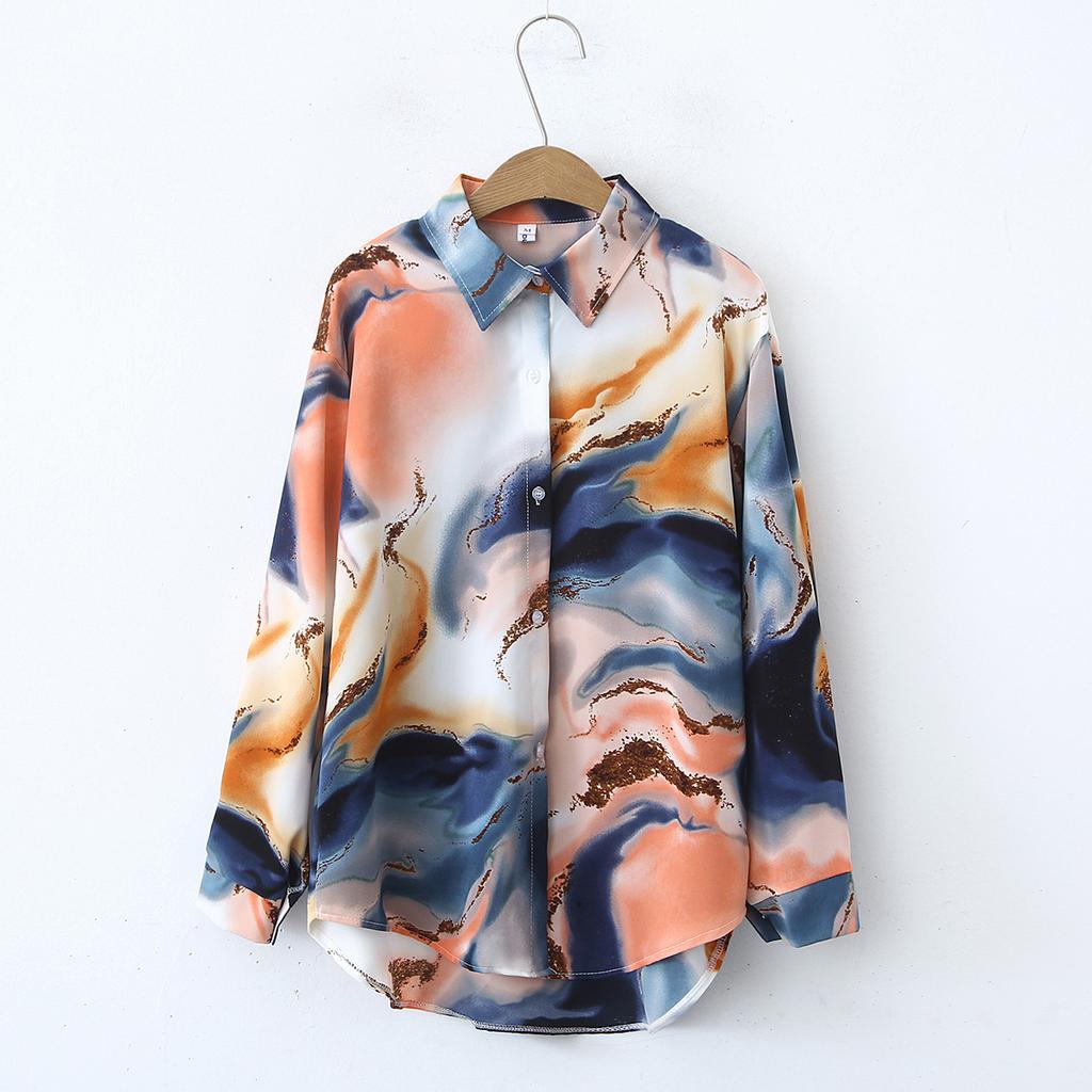 Retro Tie Dye Satin Shirt Women's Summer Comfortable Top Chiffon Shirt