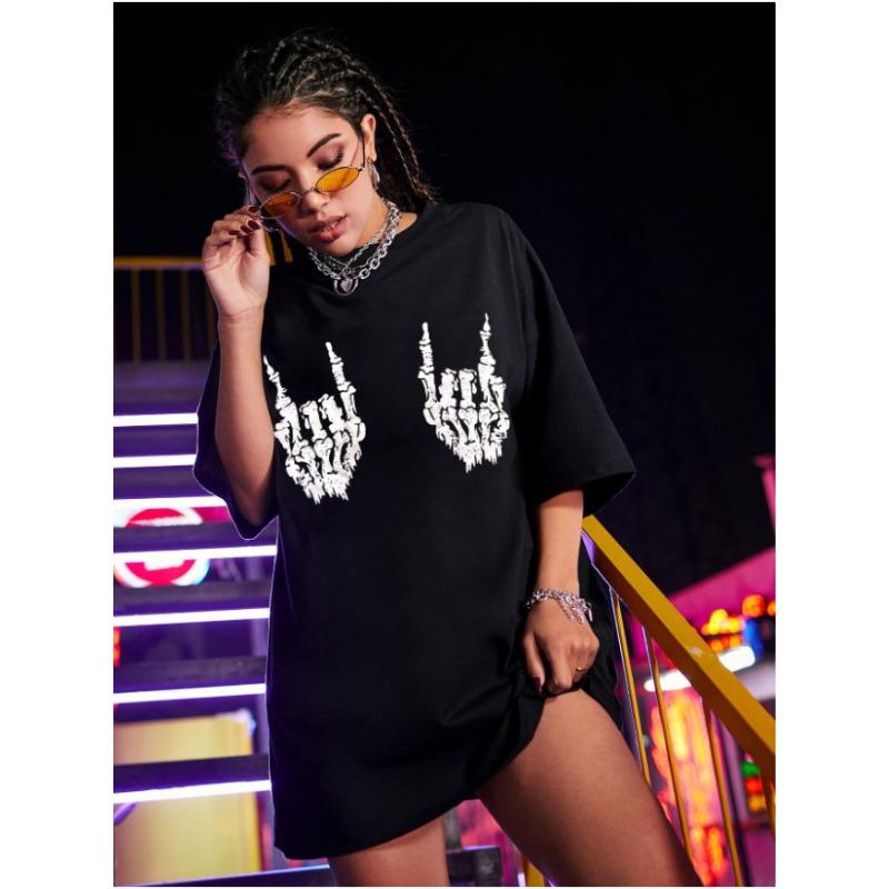 

Skeleton Hand Printed Tshirt Women and Unisex Punk Style Top SpringSummer Loose Short Sleeve Unisex Tshirt S