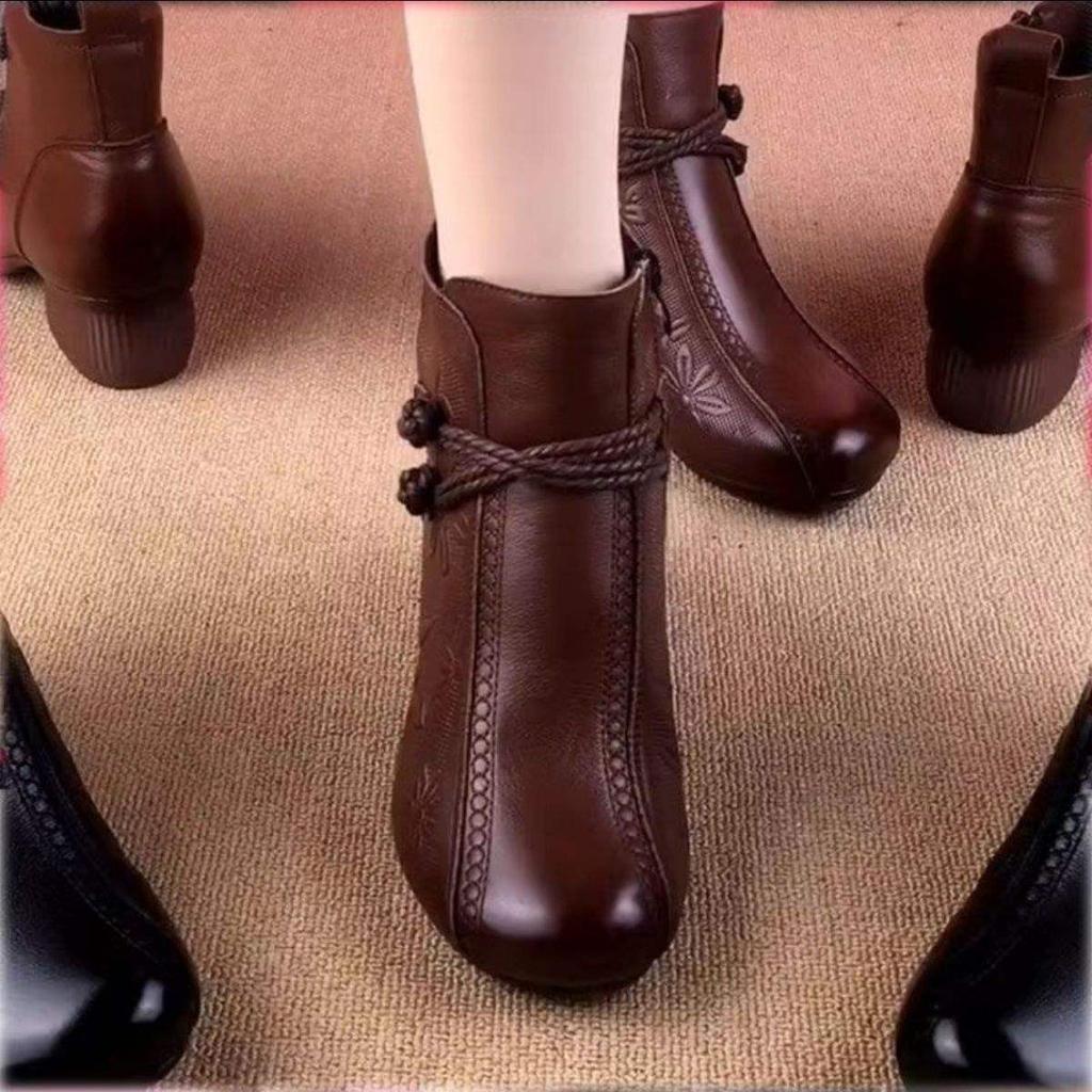 Autumn New Real Soft Leather Women's Boots Ethnic Style Thick Heel Soft Sole Versatile Middle-aged Mother Boots Integrated with Short Boots