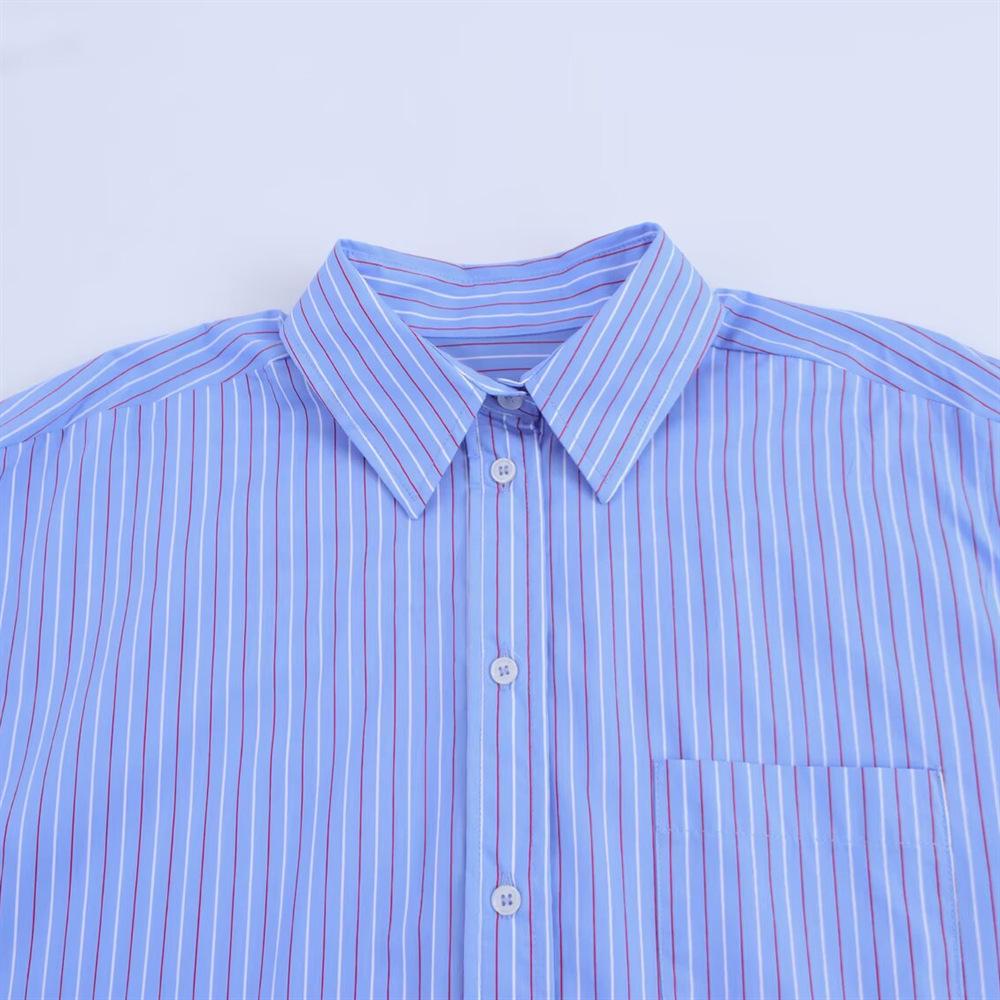 2025 Spring/Summer Women's Striped Poplin Shirt with Turn-Down Collar and Long Sleeves