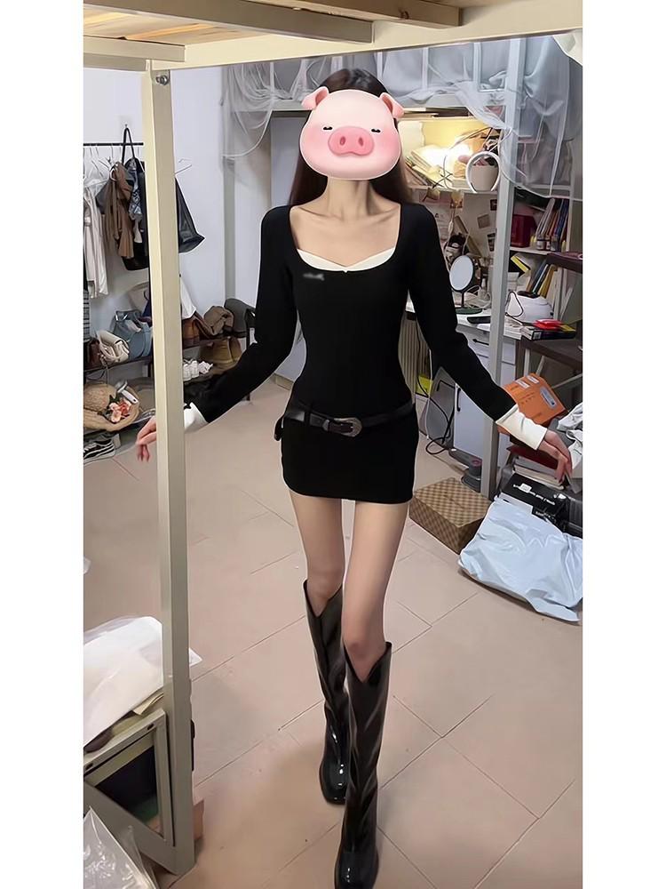 Women's Patchwork Color Block Letter Zipper Dress: Faux Two-Piece, Sweet & Spicy, Slimming, Hip-Hugging Short Skirt for Autumn/Winter.