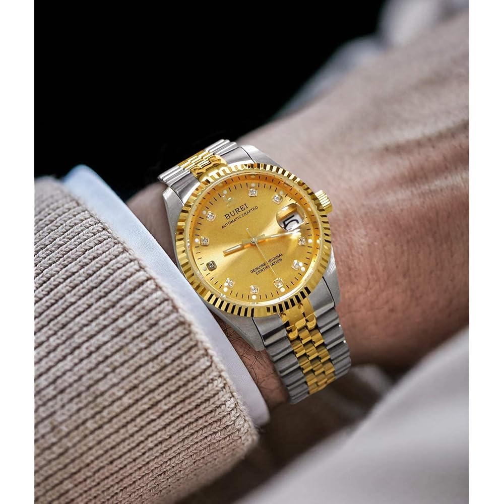 BUREI Men's Automatic Waterproof Analog Watch Gold Simple Stylish Business Timepiece