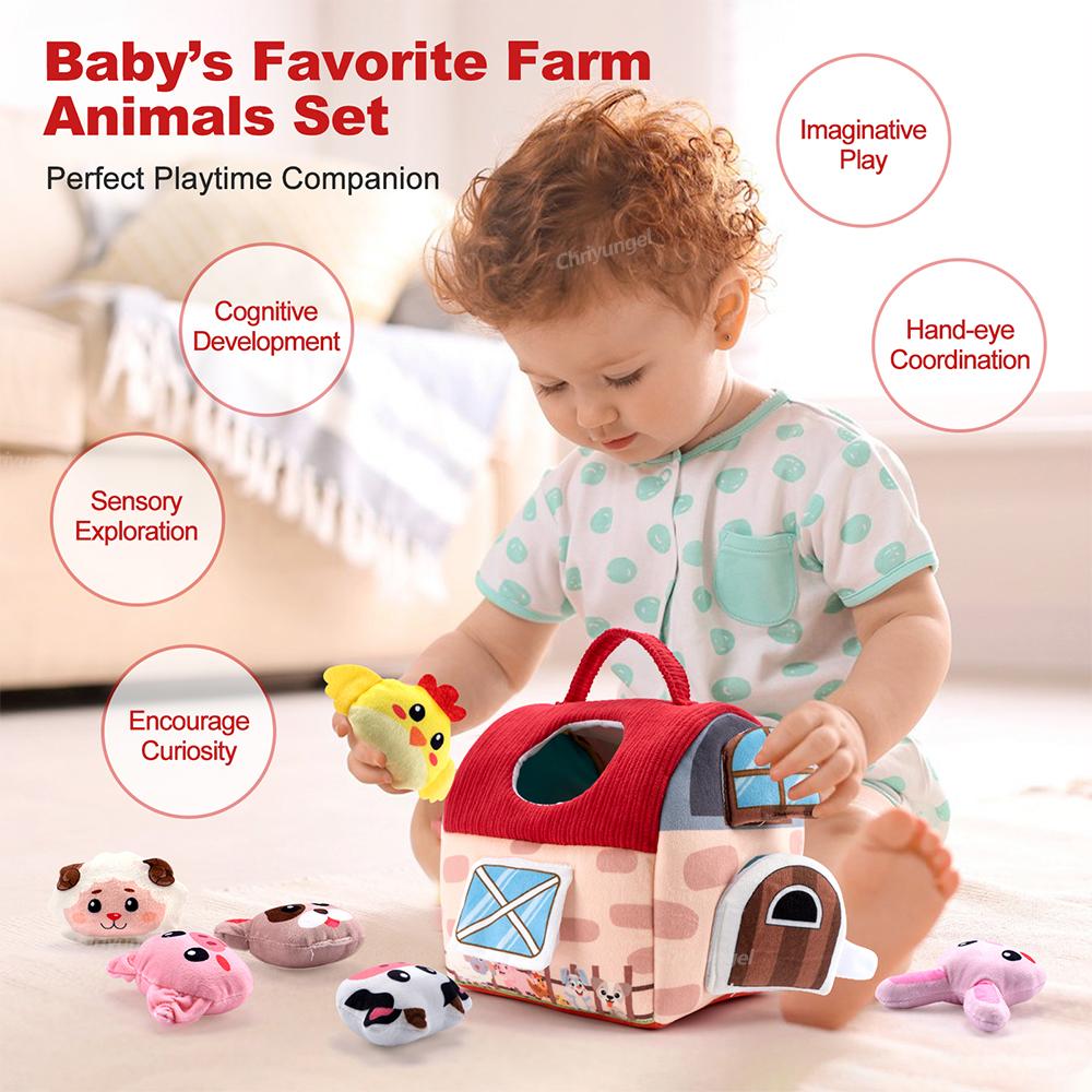 Plush Barn with Farm Animals Baby Toys Sensory Montessori Toy Portable Baby Farmhouse Toy for Infants Toddlers Newborn Gifts