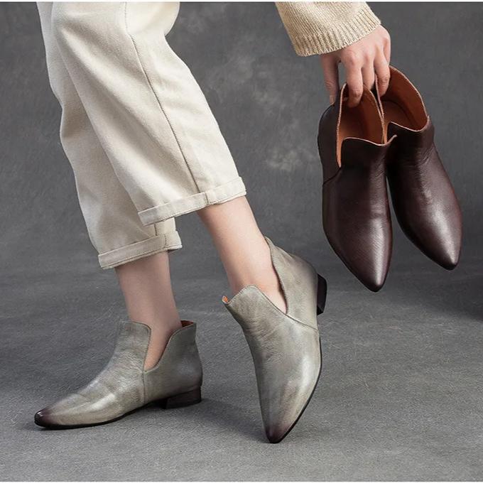 Johnature Genuine Leather Pointed Shallow Low Heel Shoes Fashion And Versatile Women's Slip-on Shoes