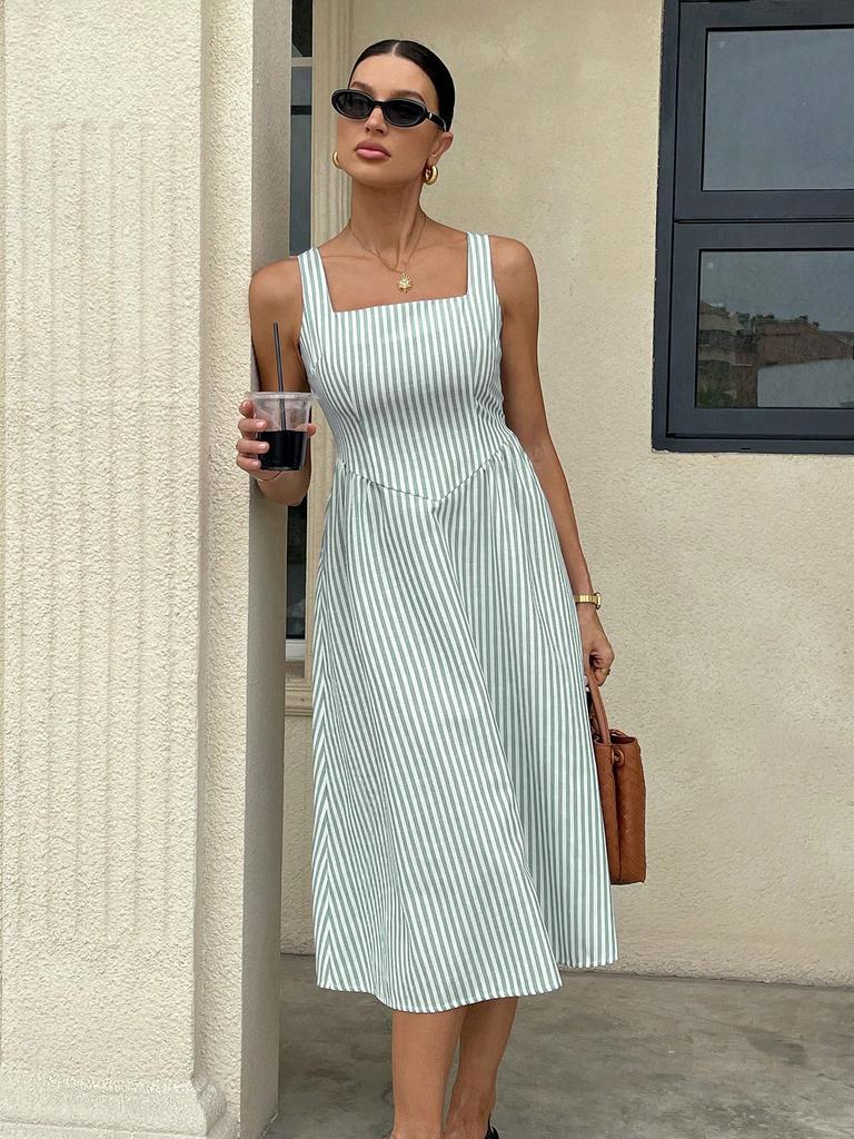 Women's Sleeveless Square Neck Striped Midi Dress