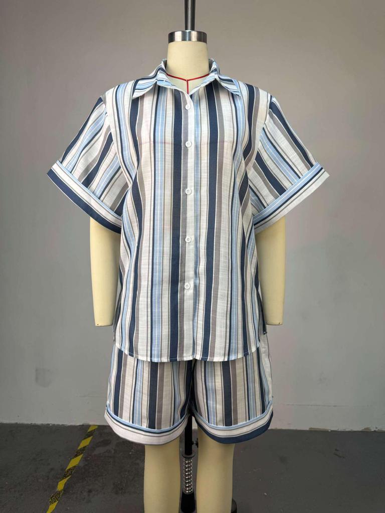 European & American Women's Striped Short-Sleeve Shirt & High-Waisted Shorts Set - Summer 2026 Collection