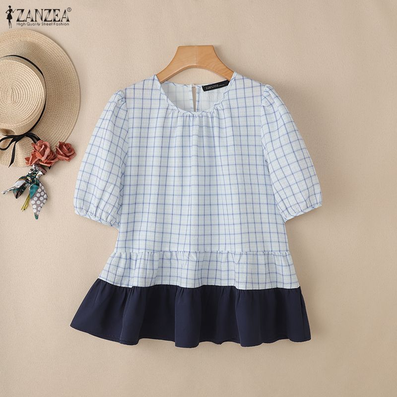 ZANZEA Women Plaid Print Casual Round Neck Half Sleeve Splice Blouse