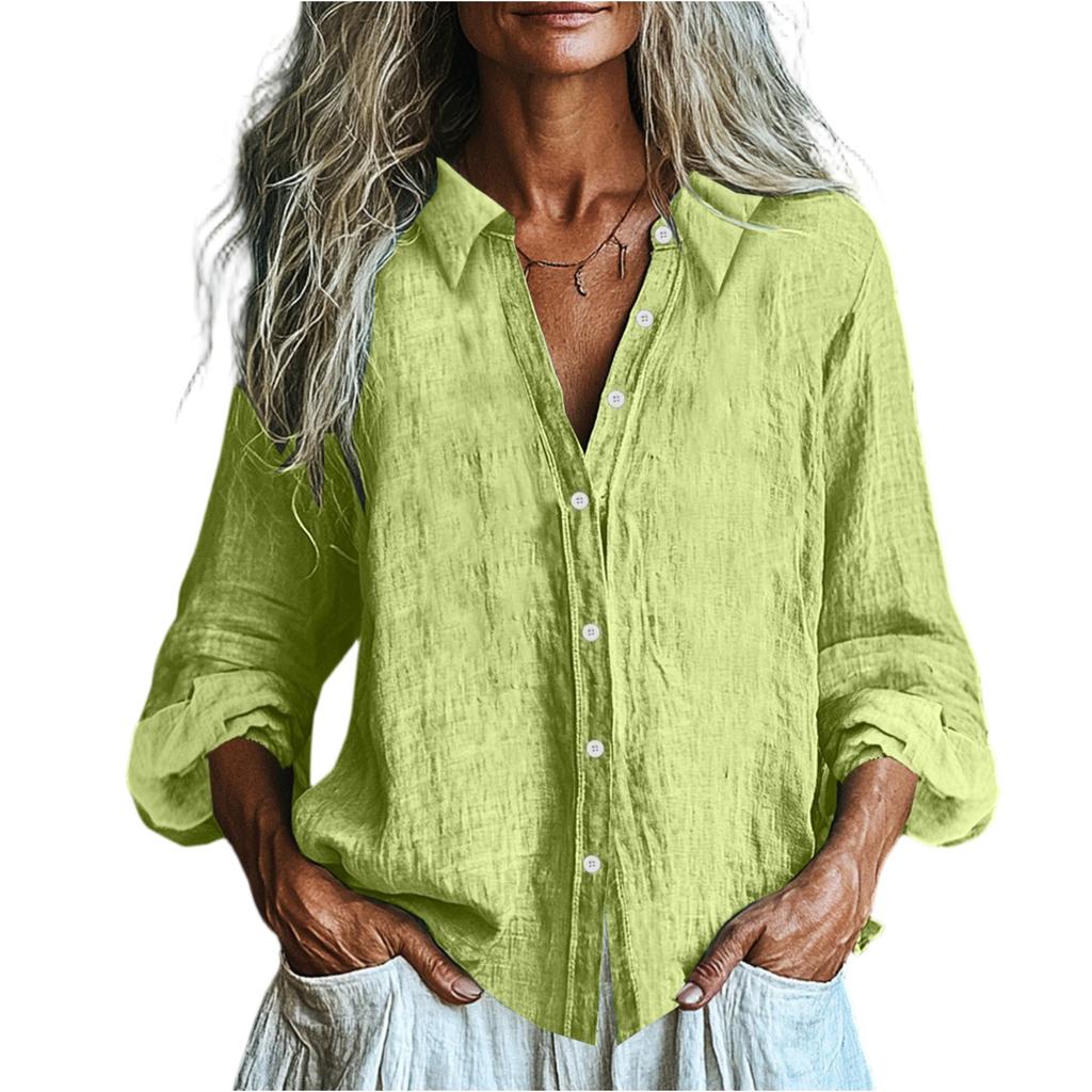 Women's Fashionable And Casual -color Long-sleeved Cotton And Linen Shirt Top