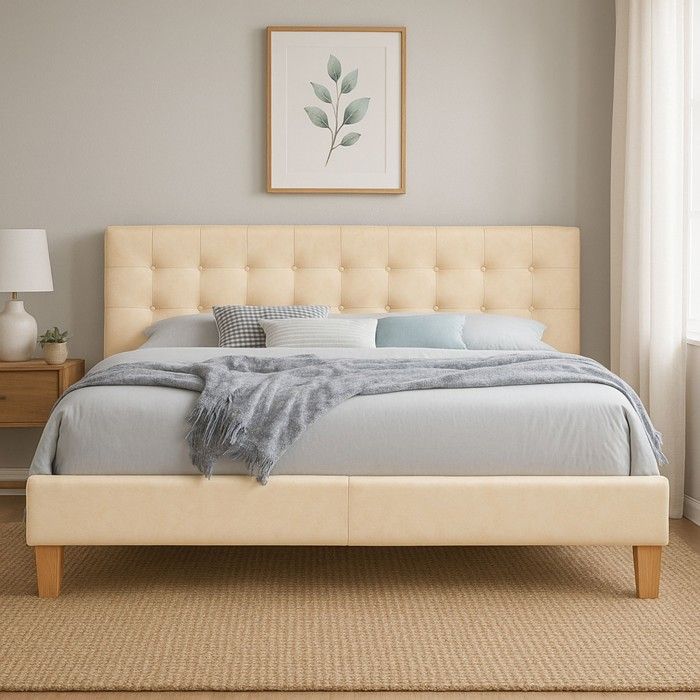 Lit - Solide - Beige - 120x190 cm - Tête de Lit Capitonnée - 1 Place