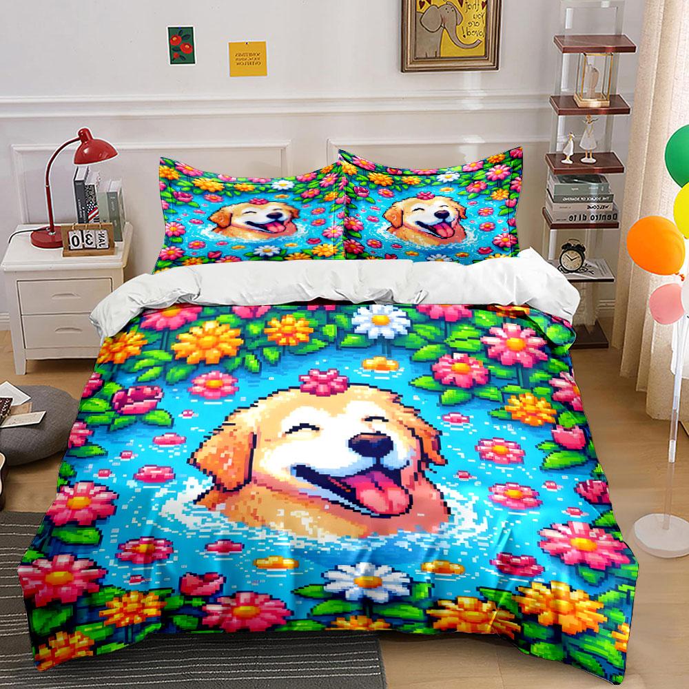Pixel Golden Retriever Flower Pool Duvet Cover Set, Retro Game Kids Bedding Includes 1 Duvet Cover And 2 Pillowcase, Gift