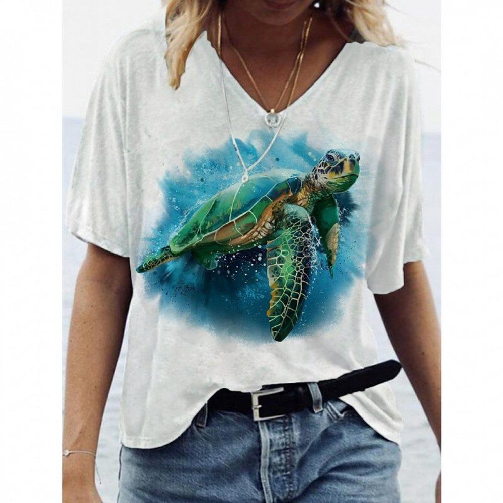 

Летняя футболка с принтом морской черепахи 3D, женская футболка с V-образным вырезом и коротким рукавом, топы Y2k, уличная одежда Harajuku, свободная футболка, женская одежда XS