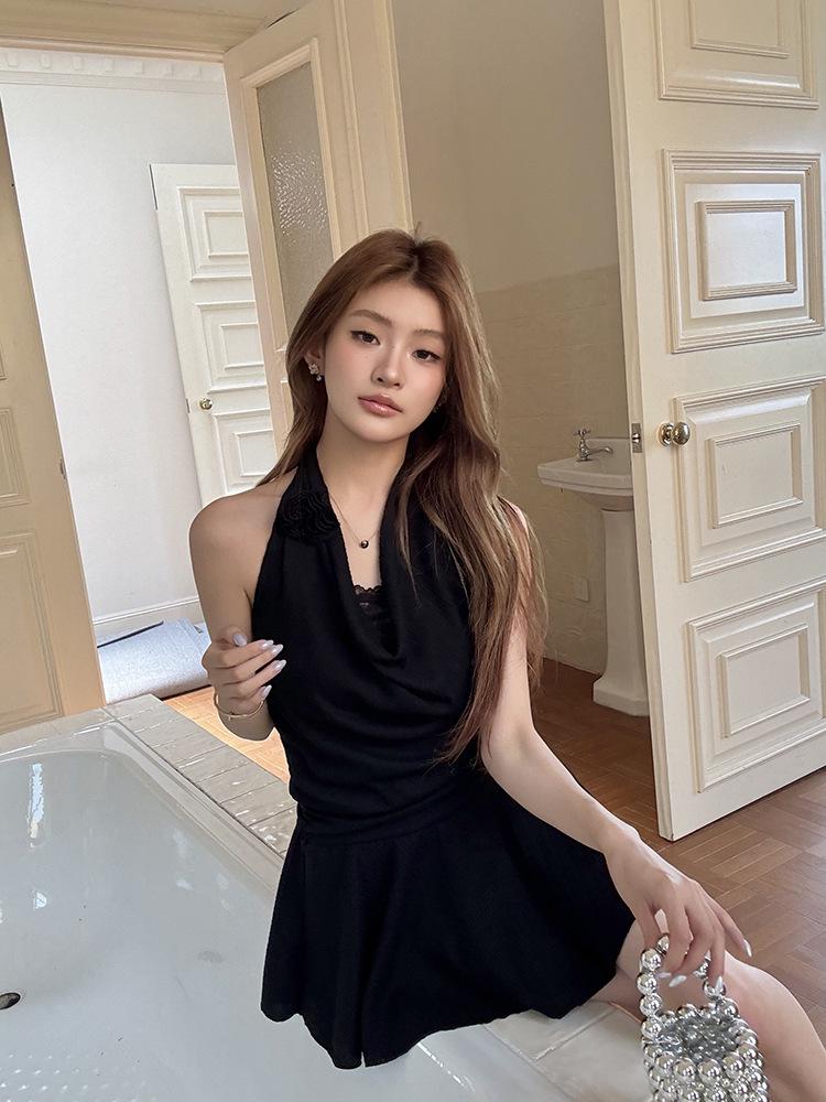 2026 Dark Elf Black Lace Halter Neck Sexy Two-Piece Dress - Women's Spring/Summer Collection