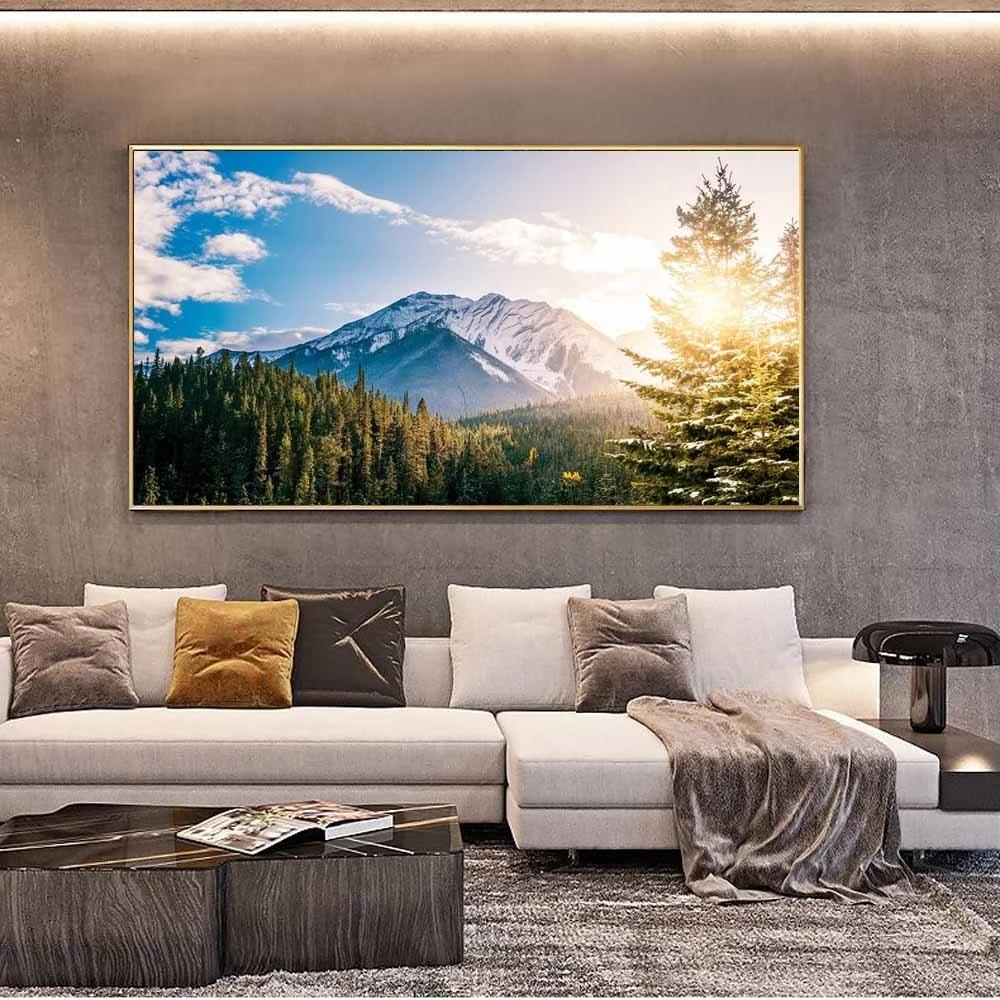 Pittura su Tela Montagna Verde Paesaggio Scenari Naturali Foresta Raggi di Sole Poster Stampa Arte da Parete Immagine Soggiorno Decorazione Casa