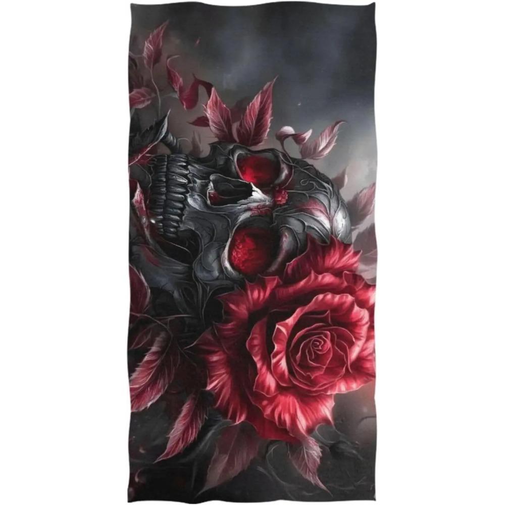 Artistic Gothic Skull Rose Beach Towel, Vintage Floral Quick Dry Absorbent, Large Sand Proof Travel Pool Camping Essentials