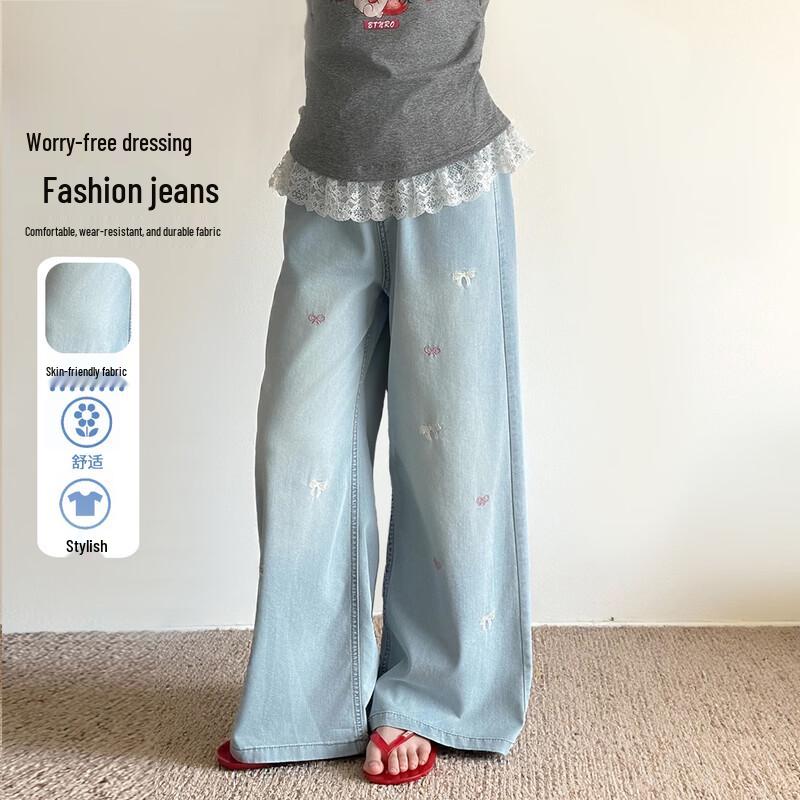 Girls  Summer Light Blue Bow Embroidery Wide-Leg Denim Pants 140