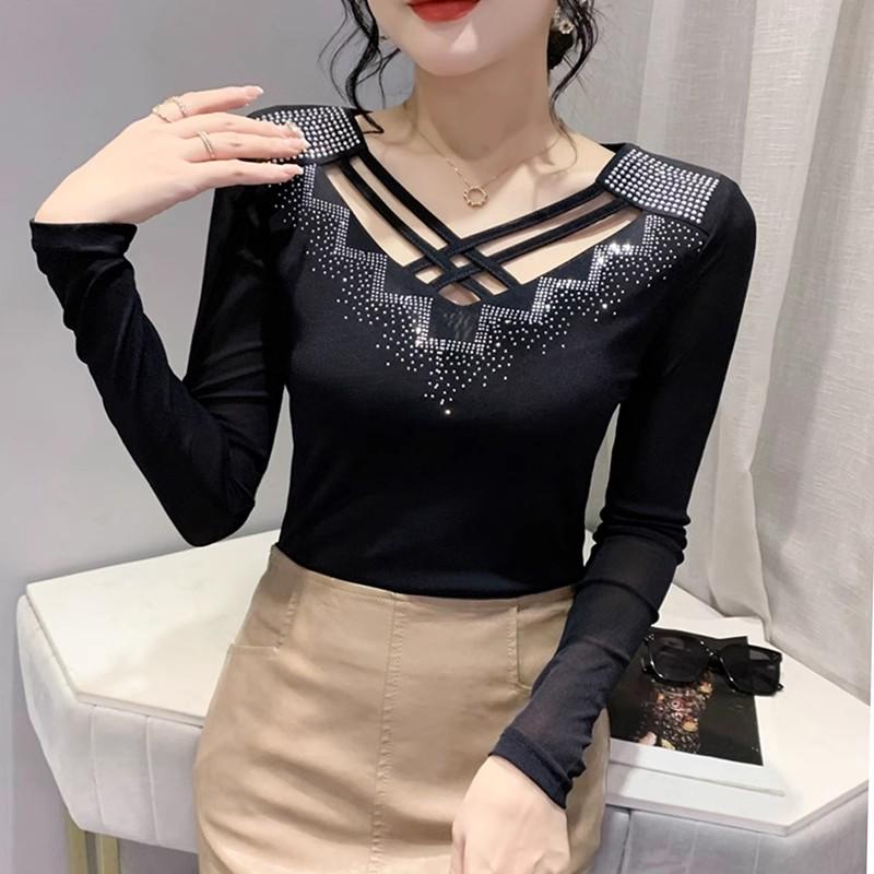 Streetwear Women's Clothes T-Shirt Spring Autumn High Quality Hot Diamonds Long Sleeve Tops Ladies Sexy V-Collar Mesh Tees