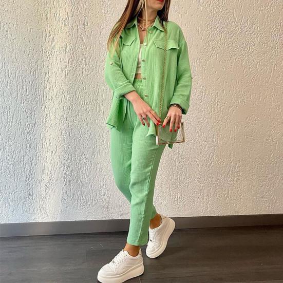 Summer 2 Piece Outfit for Women Oversized Button Down Long Sleeve Shirt And Cropped Pants Set Casual Loungewear Tracksuit