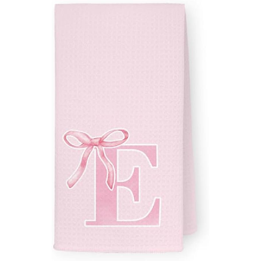 Coquette Pink Bows Personalized Kitchen Towels, Initial K Letter Decor, Pink Monogrammed Hand Towels for Bathroom, Sweet Dish Towels for Kitchen