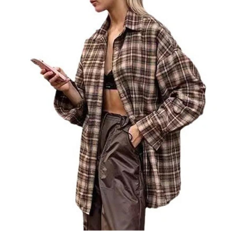 Spring New Retro Plaid Shirt Women's Long Design Fashionable Loose Top