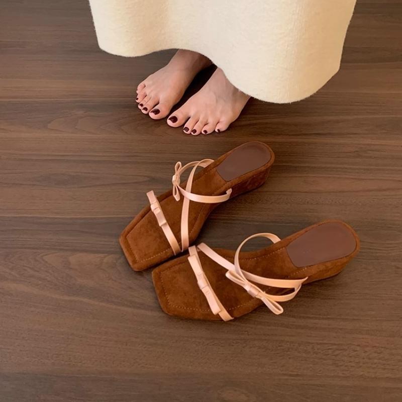 Fashion Summer Open Toe Bow Women's Slippers 2025 New Fashion Wedge High Heels Stripper Party Sliding Shoes Women Zapatos De Mujer