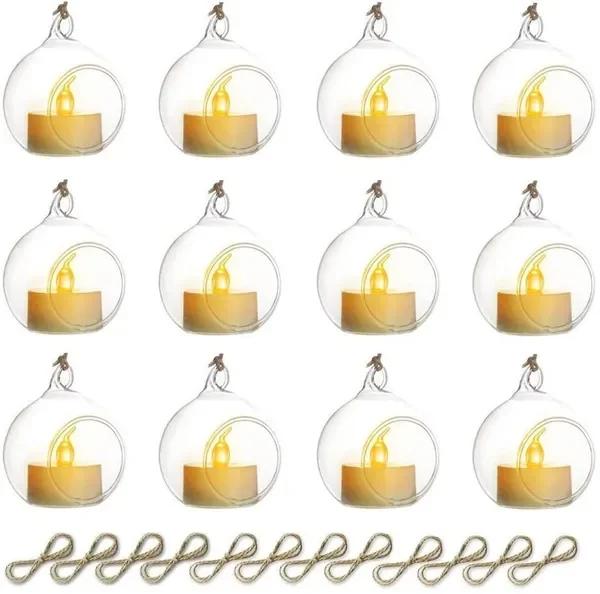 Round Hollow Glass Hanging Stand Candle Holder with LED Candle 6/8cm Candle Candlestick for Wedding Party Tree Garden Decoration