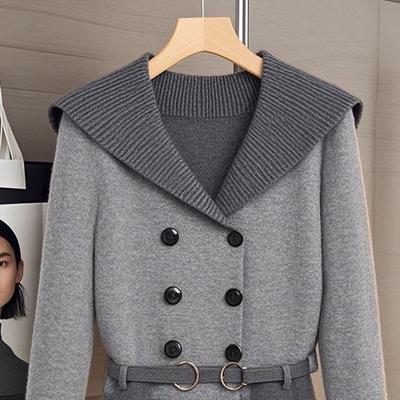 Autumn/Winter 2025 High-End Chic Grey Sweater & Blue Midi Skirt Set