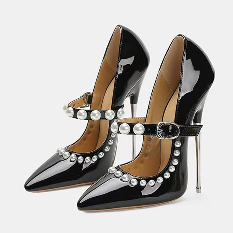 

Мода Liyke Модный Дизайн Жемчужная Пряжка Ремешок Лакированная Кожа Женские Туфли-Лодочки Элегантный Острый Носок 16 СМ Фетиш Высокие Каблуки Обувь для Стриптиза 35 чёрный