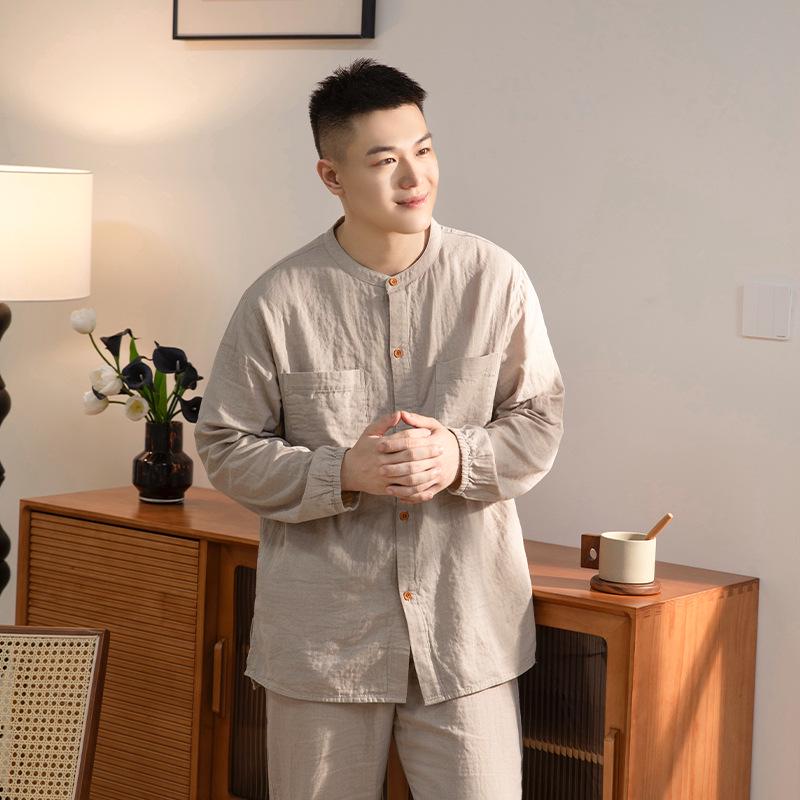 Women's Spring & Autumn Stand-Up Collar Cotton Gauze Pajama Set - Long-Sleeve Cardigan Couple Homewear