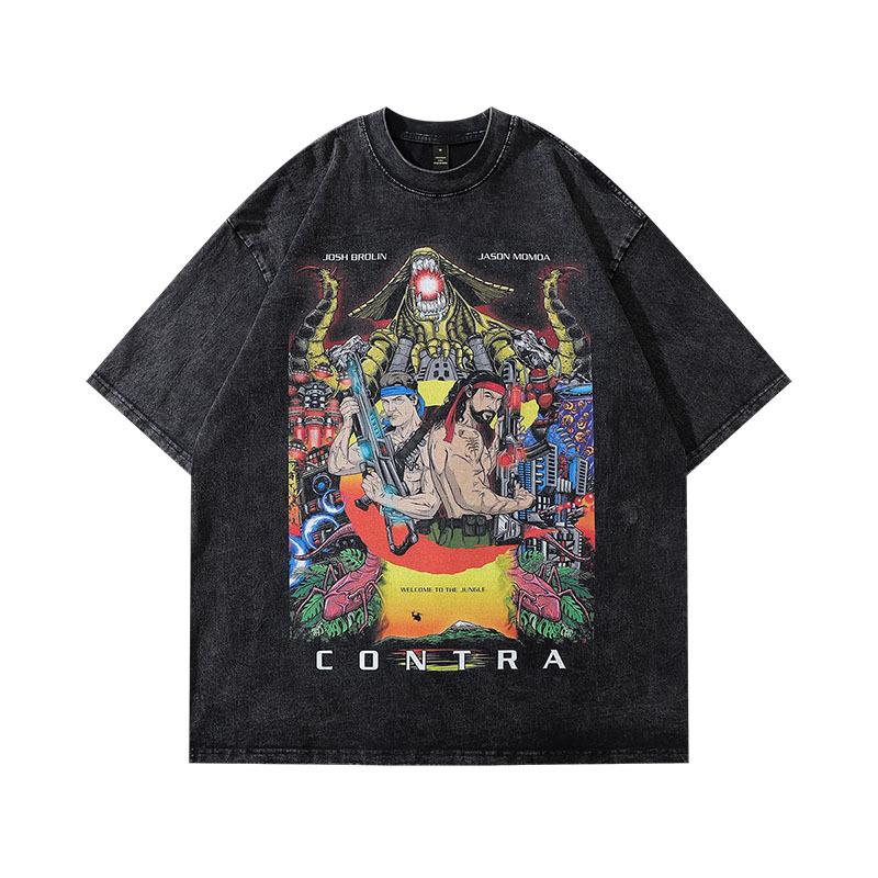 American High Street Vintage Print Oversize Small Neckline Short Sleeve T-Shirt Washed Half Sleeve Top