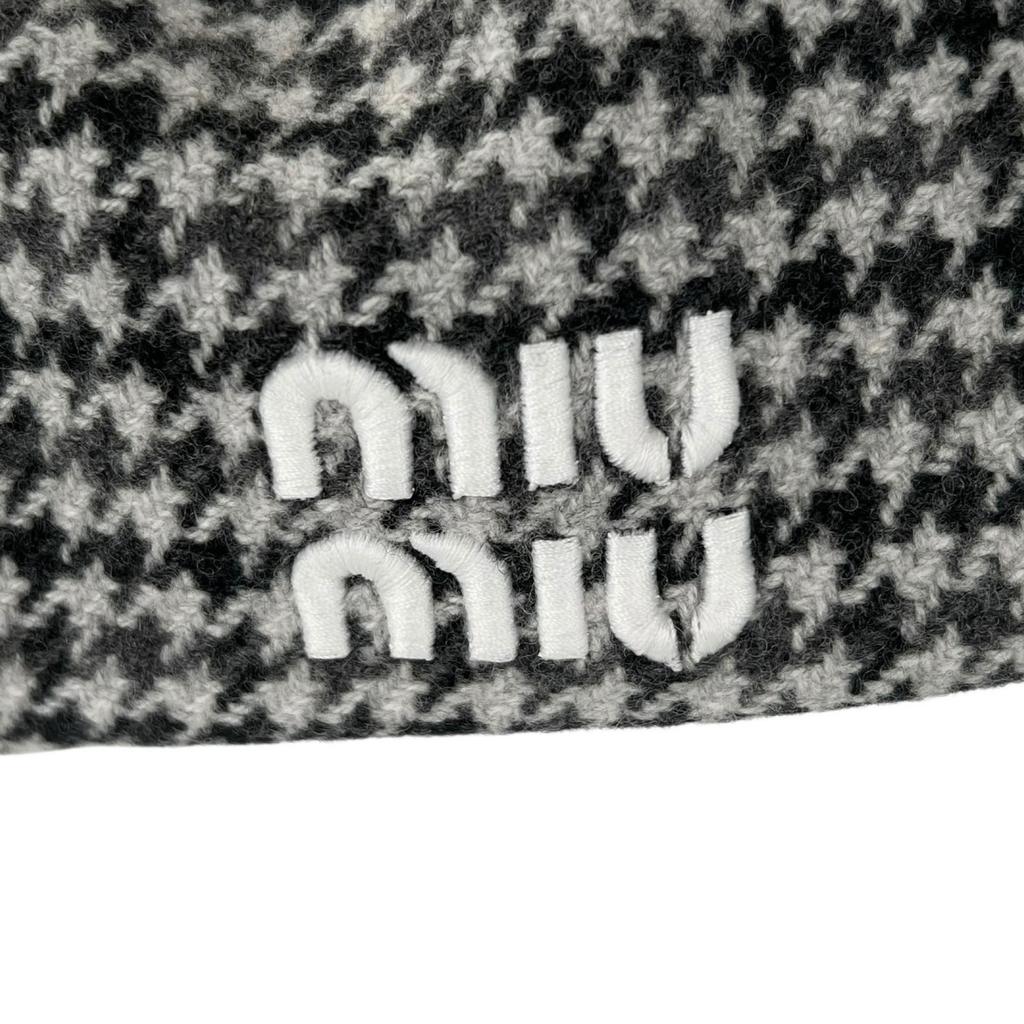 Excellent MIUMIU beret Houndstooth logo embroidery Gray wool Women L 5HC075 Used