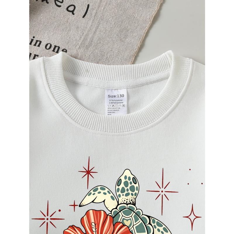 European Sizes Girls' Long-Sleeve Round Neck Sweatshirt "Turtle Hibiscus" Print, Spring/Autumn, Casual, Daily & Sports.