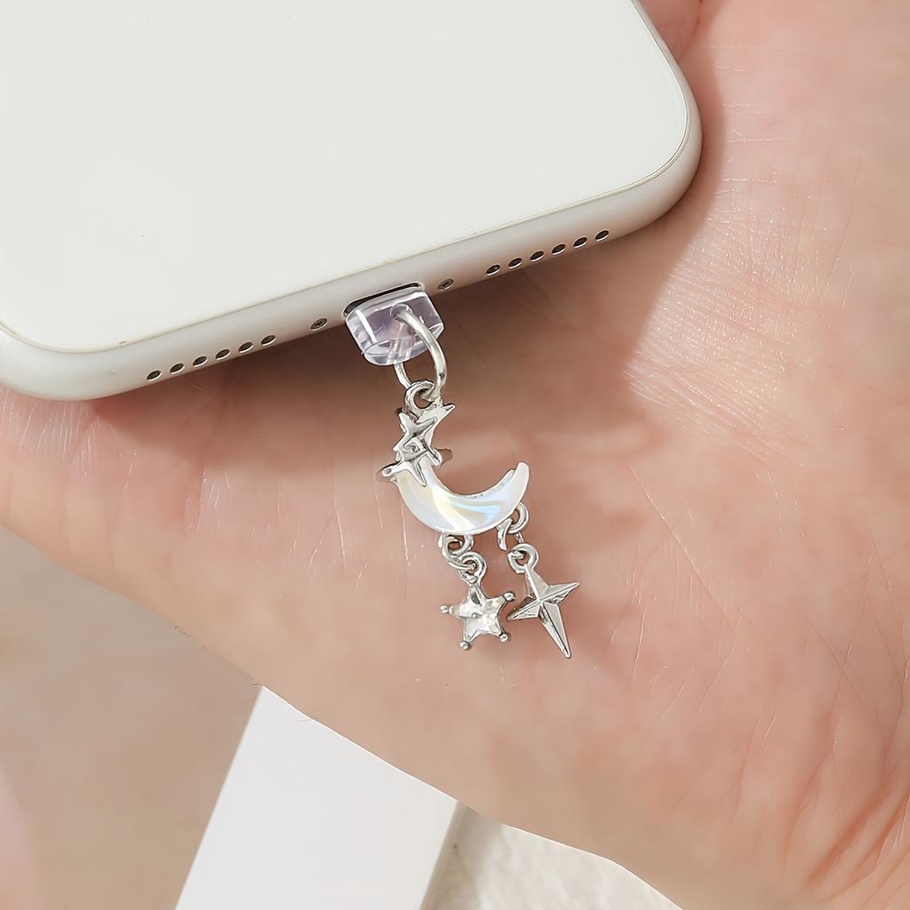 1pc Dreamy Pearl Moon Star Alloy Dust Plug Pendant, Simple Alloy Inlaid Color Moon Dust Plug Pendant, Cute Cartoon Mobile Phone Pendant